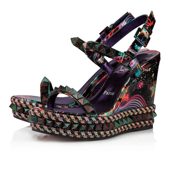 Christian Louboutin Pyraclou 110 Black Starlight Platform Wedge Sandal Heel 35 - Picture 1 of 11